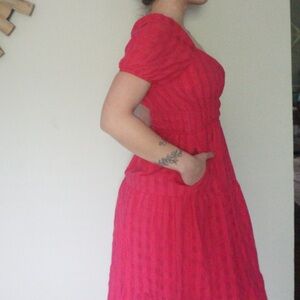 Anthropologie puff sleeve pink gingham midi summer dress petite XXS cottage core